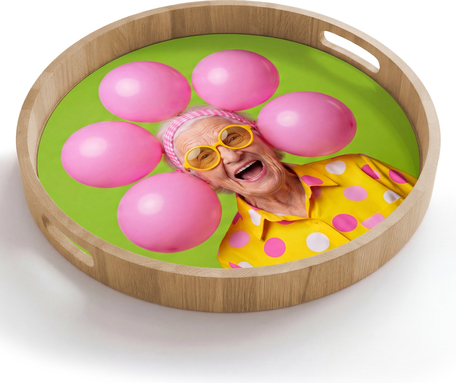 Dienblad rond 50x50 cm - Schootdienblad hout - Mens - Ballonnen - Feest - Kleurrijk - Roze - Borrelplank rechthoek - Plateau houten dienbladen