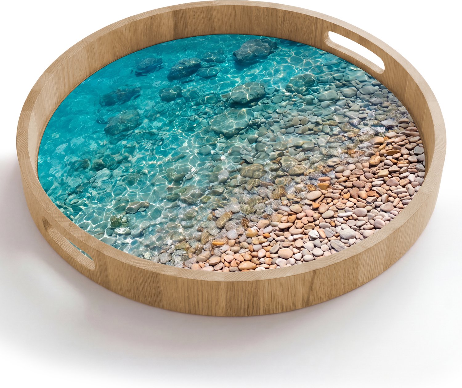 Dienblad rond 50x50 cm - Schootdienblad hout - Water - Kiezels - Natuur - Levendig - Turkoois - Borrelplank rechthoek - Plateau houten dienbladen