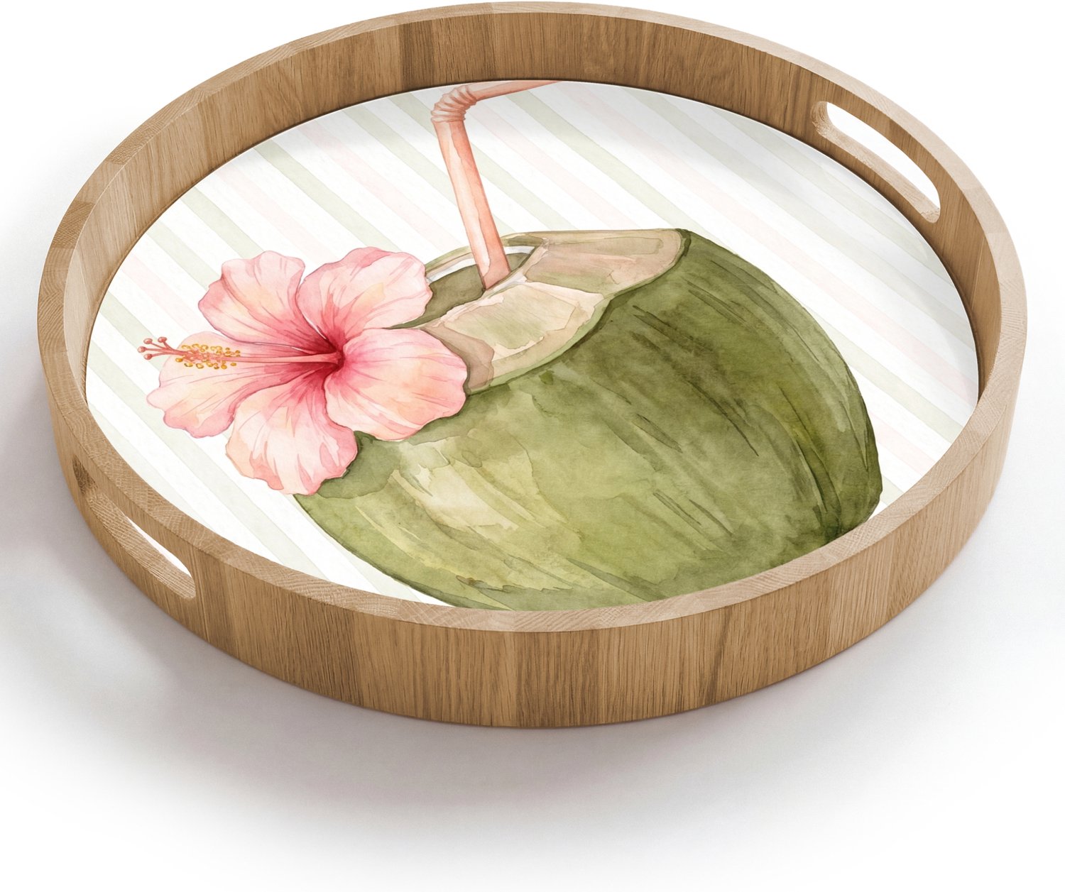Dienblad rond 40x40 cm - Schootdienblad hout - Kokosnoot - Drank - Tropisch - Illustratie - Zomer - Borrelplank rechthoek - Plateau houten dienbladen