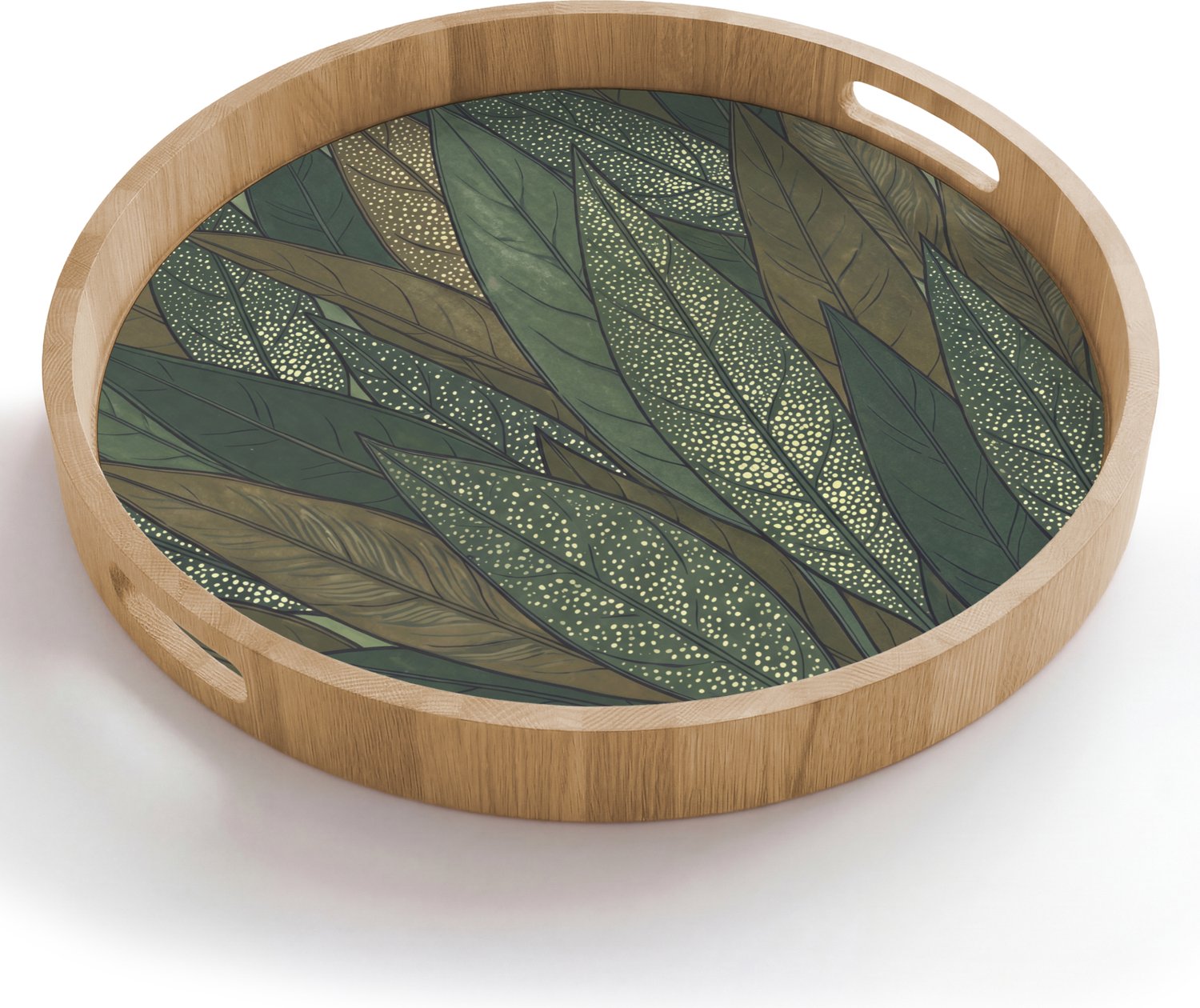 Dienblad rond 50x50 cm - Schootdienblad hout - Bladeren - Patroon - Gestippeld - Natuur - Groen - Borrelplank rechthoek - Plateau houten dienbladen