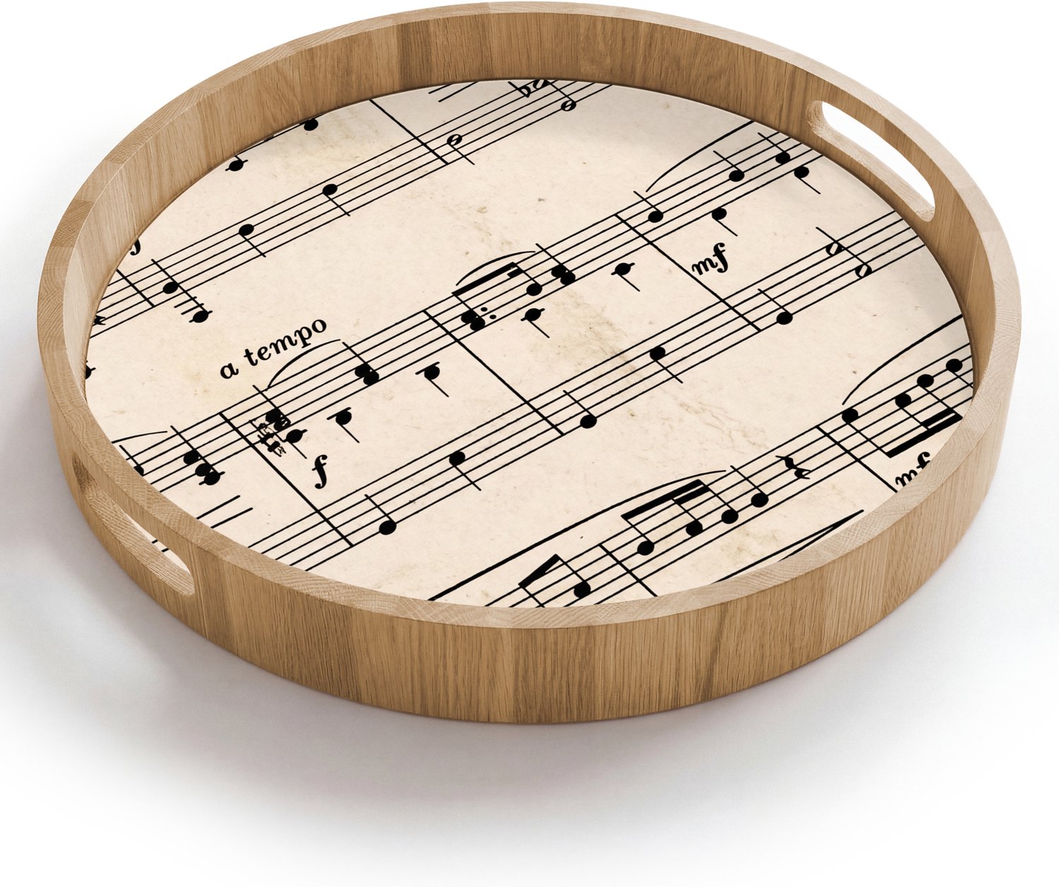 Dienblad rond 40x40 cm - Schootdienblad hout - Muzieknotatie - Notenbalken - Kunst - Klassiek - Beige - Borrelplank rechthoek - Plateau houten dienbladen
