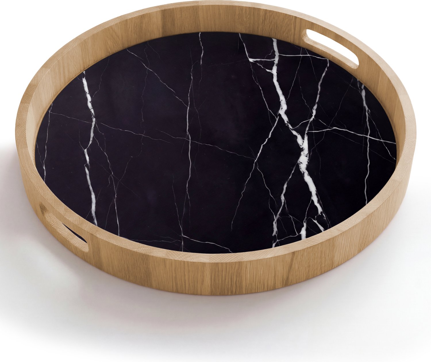 Dienblad rond 50x50 cm - Schootdienblad hout - Marmer - Patroon - Abstract - Modern - Zwart - Borrelplank rechthoek - Plateau houten dienbladen
