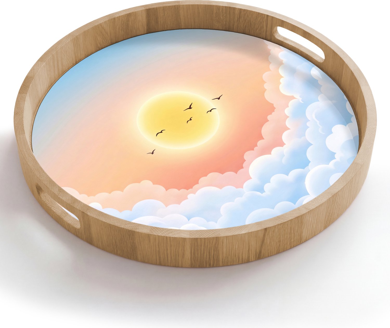 Dienblad rond 50x50 cm - Schootdienblad hout - Zon - Vogels - Lucht - Natuur - Geel - Borrelplank rechthoek - Plateau houten dienbladen
