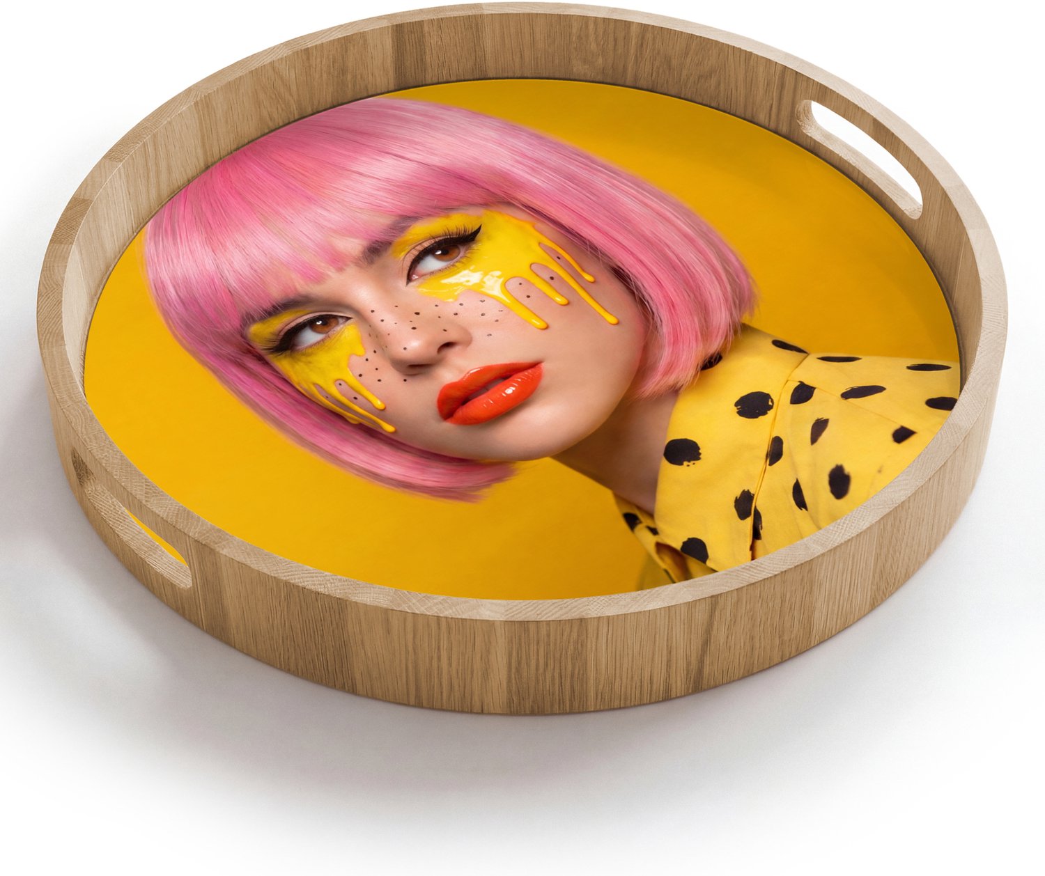 Dienblad rond 40x40 cm - Schootdienblad hout - Vrouw - Portret - Abstract - Kleurrijk - Geel - Borrelplank rechthoek - Plateau houten dienbladen