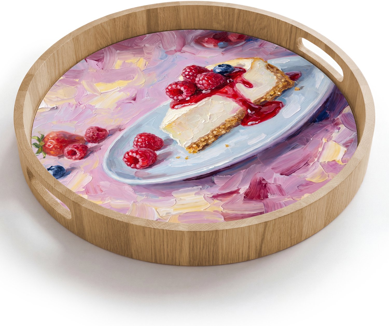 Dienblad rond 40x40 cm - Schootdienblad hout - Eten - Cheesecake - Bessen - Abstract - Roze - Borrelplank rechthoek - Plateau houten dienbladen