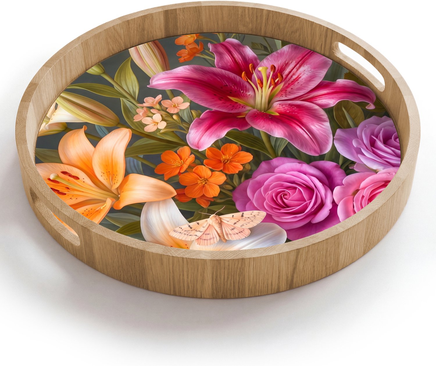 Dienblad rond 40x40 cm - Schootdienblad hout - Bloemen - Boeket - Natuur - Kleurrijk - Modern - Borrelplank rechthoek - Plateau houten dienbladen
