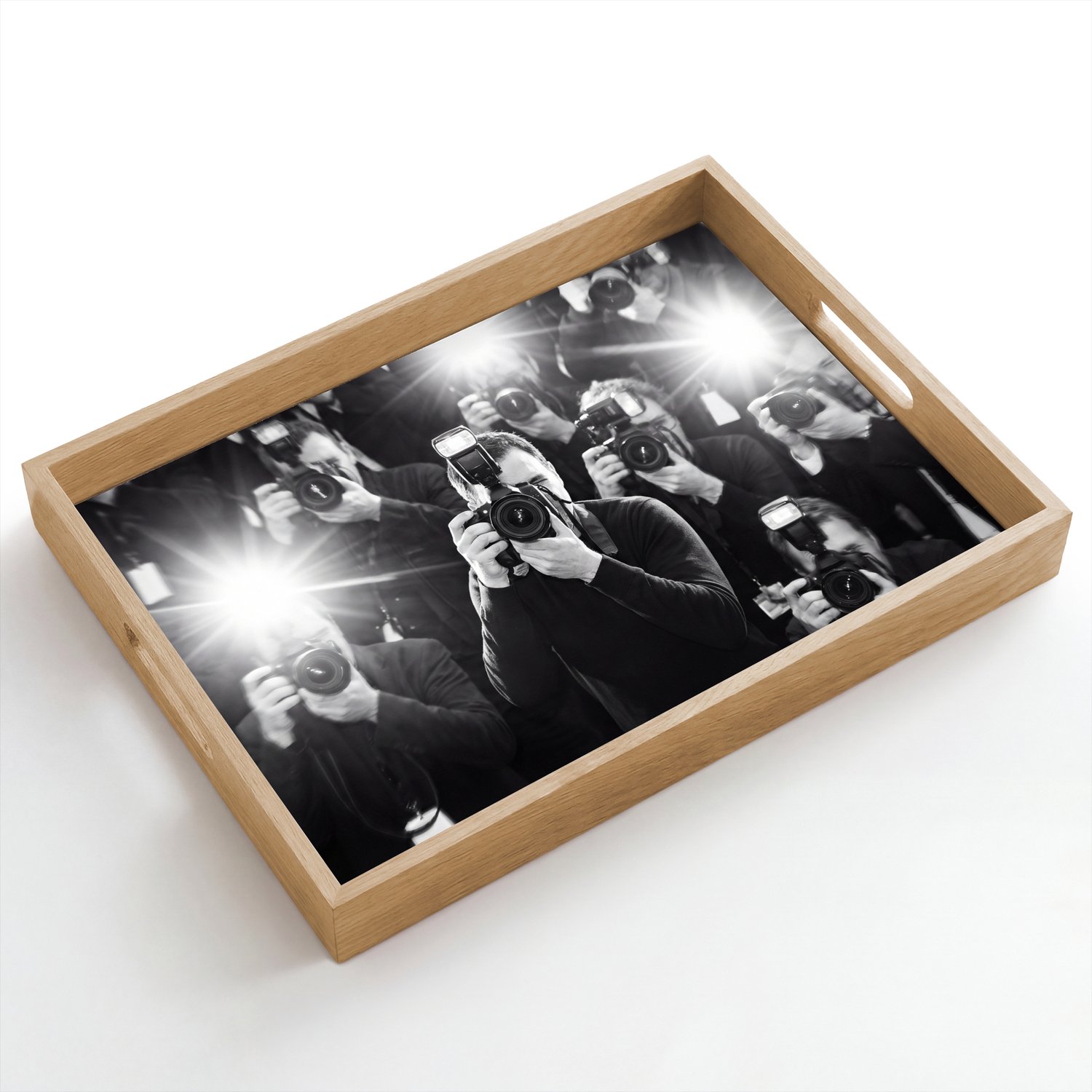 Dienblad hout 50x35 cm - Schootdienblad - Mensen - Camera - Flitslicht - Zwart-wit - Media - Borrelplank rechthoek - Plateau dienbladen