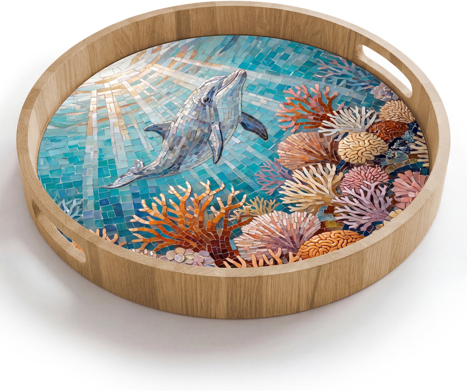 Dienblad rond 40x40 cm - Schootdienblad hout - Dieren - Mozaïek - Oceaan - Koraal - Blauw - Borrelplank rechthoek - Plateau houten dienbladen