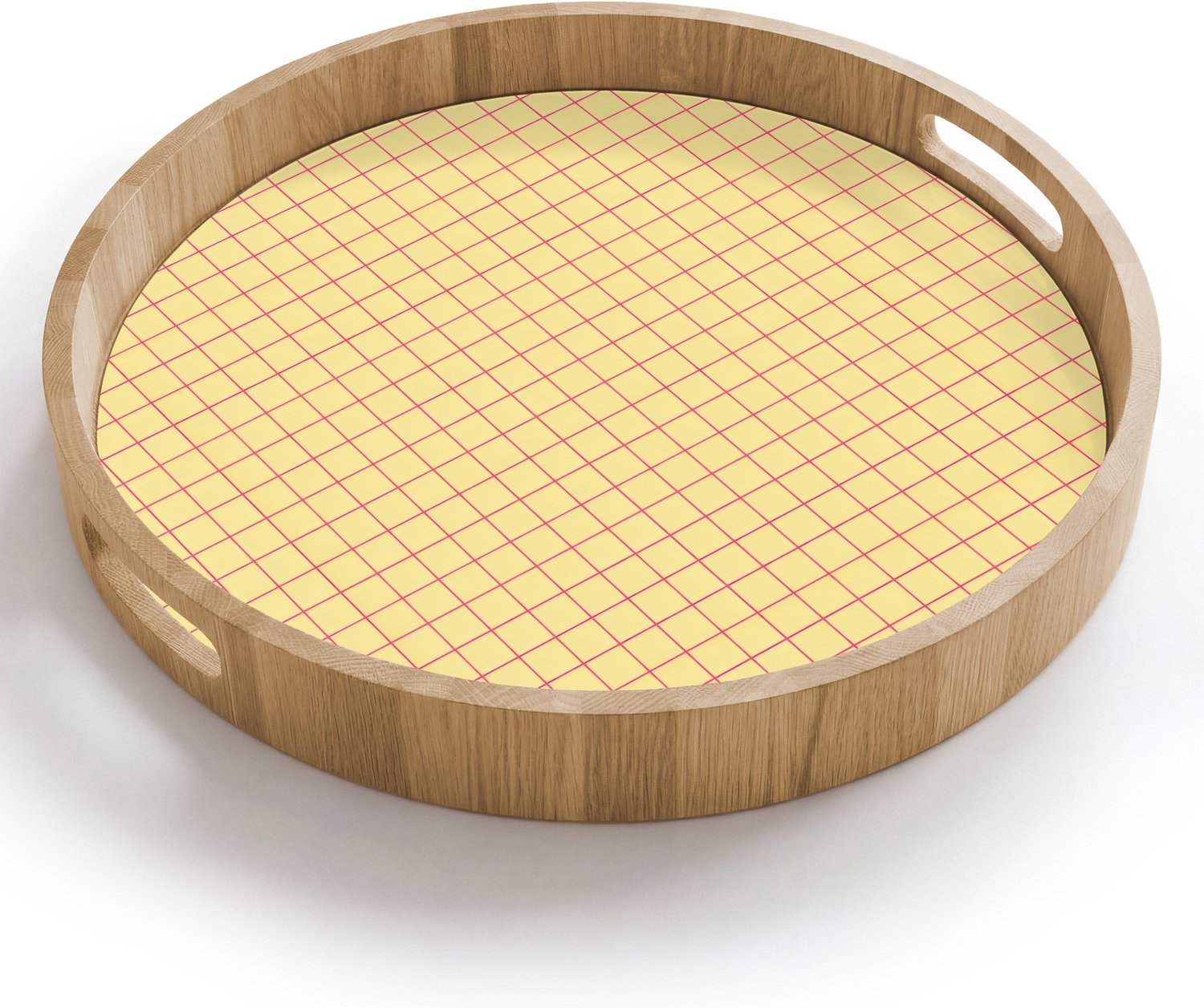 Dienblad rond 40x40 cm - Schootdienblad hout - Ruitjes - Grid - Minimalistisch - Geel - Roze - Borrelplank rechthoek - Plateau houten dienbladen
