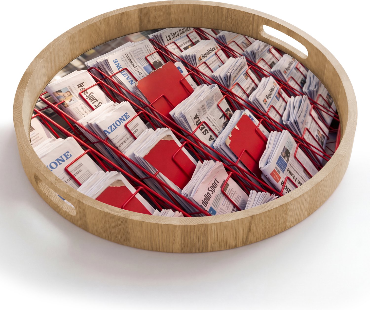 Dienblad rond 50x50 cm - Schootdienblad hout - Kranten - Rek - Stedelijk - Dagelijks leven - Rood - Borrelplank rechthoek - Plateau houten dienbladen