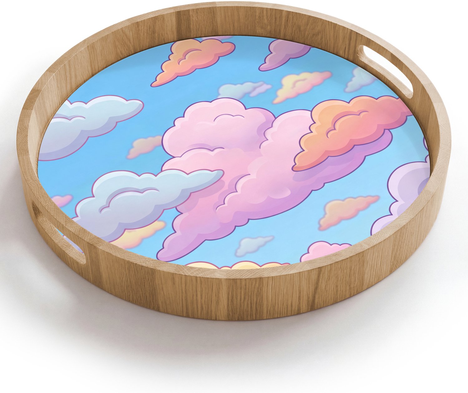Dienblad rond 40x40 cm - Schootdienblad hout - Wolk - Lucht - Natuur - Illustratie - Pastel - Borrelplank rechthoek - Plateau houten dienbladen