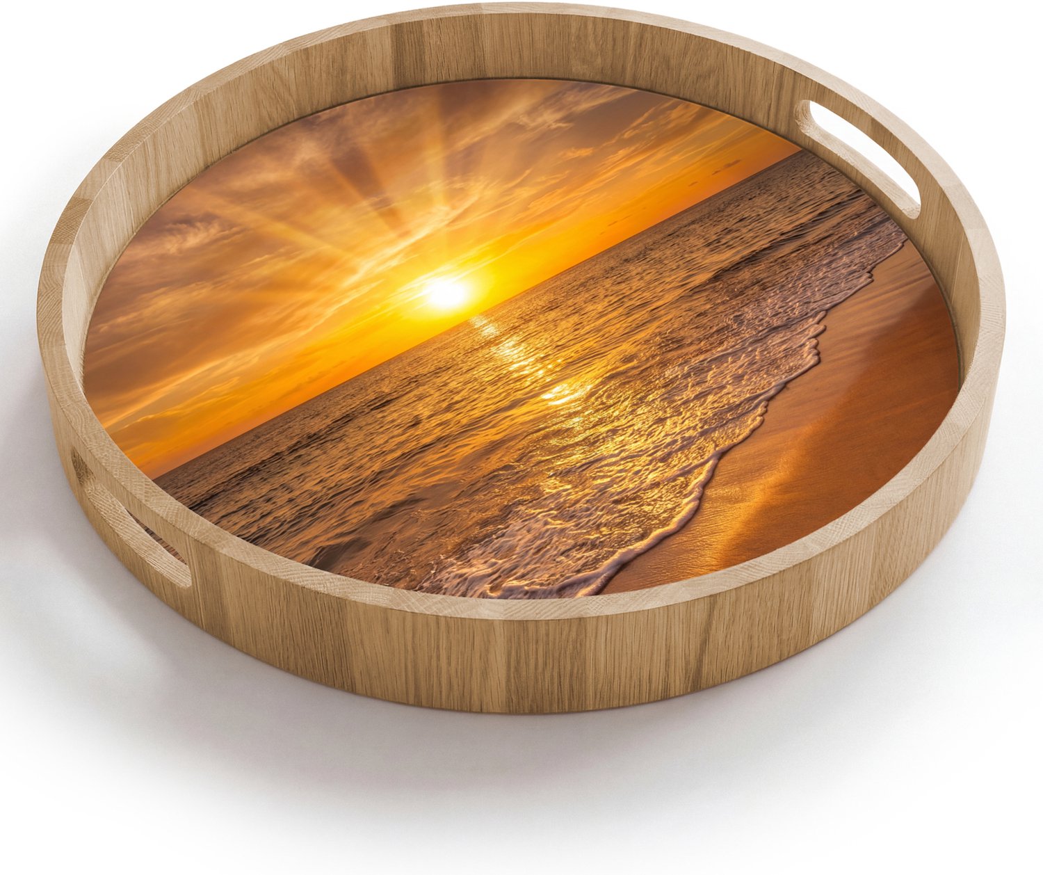 Dienblad rond 40x40 cm - Schootdienblad hout - Zee - Zonsondergang - Golven - Kust - Oranje - Borrelplank rechthoek - Plateau houten dienbladen