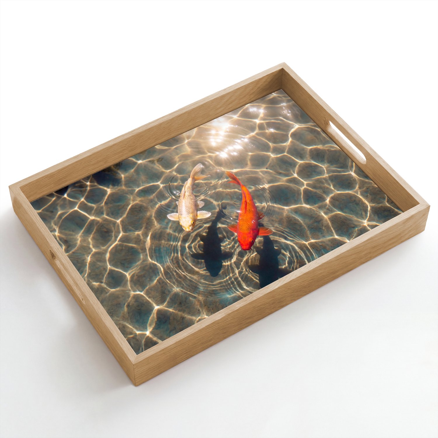 Dienblad hout 50x35 cm - Schootdienblad - Vis - Water - Dieren - Oranje - Goud - Borrelplank rechthoek - Plateau dienbladen