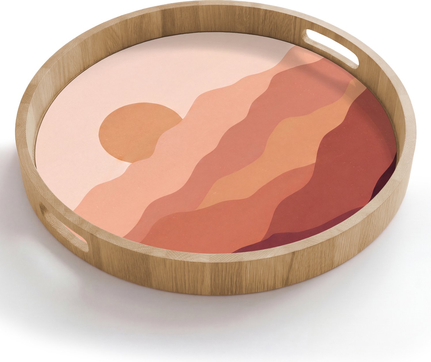 Dienblad rond 50x50 cm - Schootdienblad hout - Natuur - Heuvels - Abstract - Modern - Oranje - Borrelplank rechthoek - Plateau houten dienbladen
