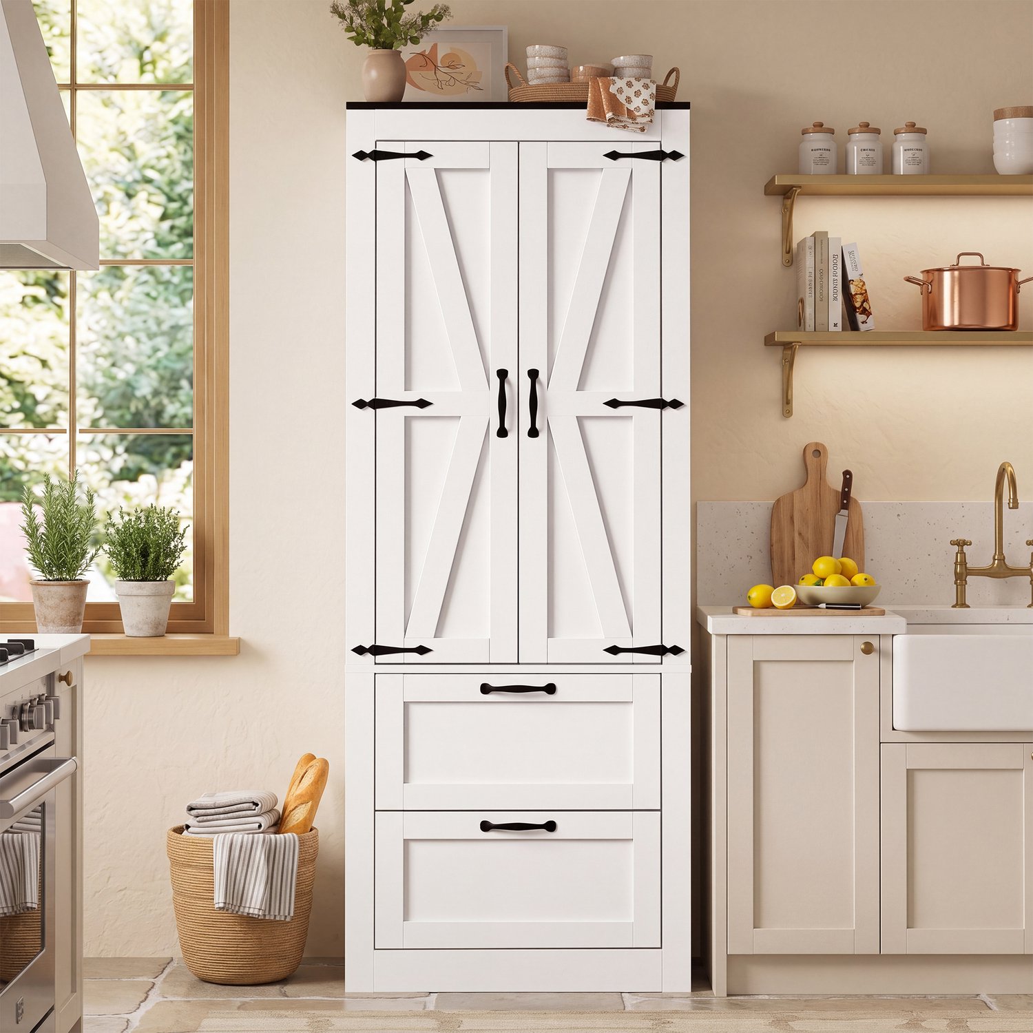HAUSS SPOLE Keukenhoogkast - Verstelbare Legplanken - 2 Deuren En 2 Lades Voor Keuken En Eetkamer - MDF En Spaanplaat - 60x30x168 Cm - Wit
