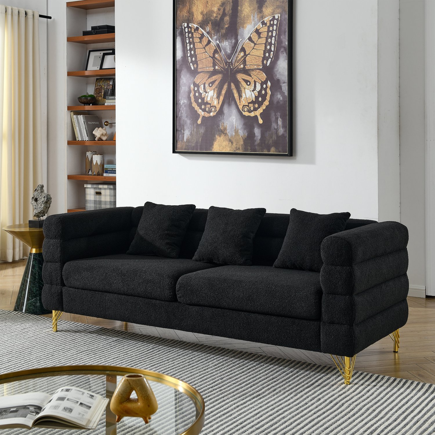 OKWISH Zitbank 205,7 x 81 x 71 cm - Driezitsbank met Golvende Rugleuning en Sierkussens - Voor de Woonkamer - Pluche en Metaal - Zwart