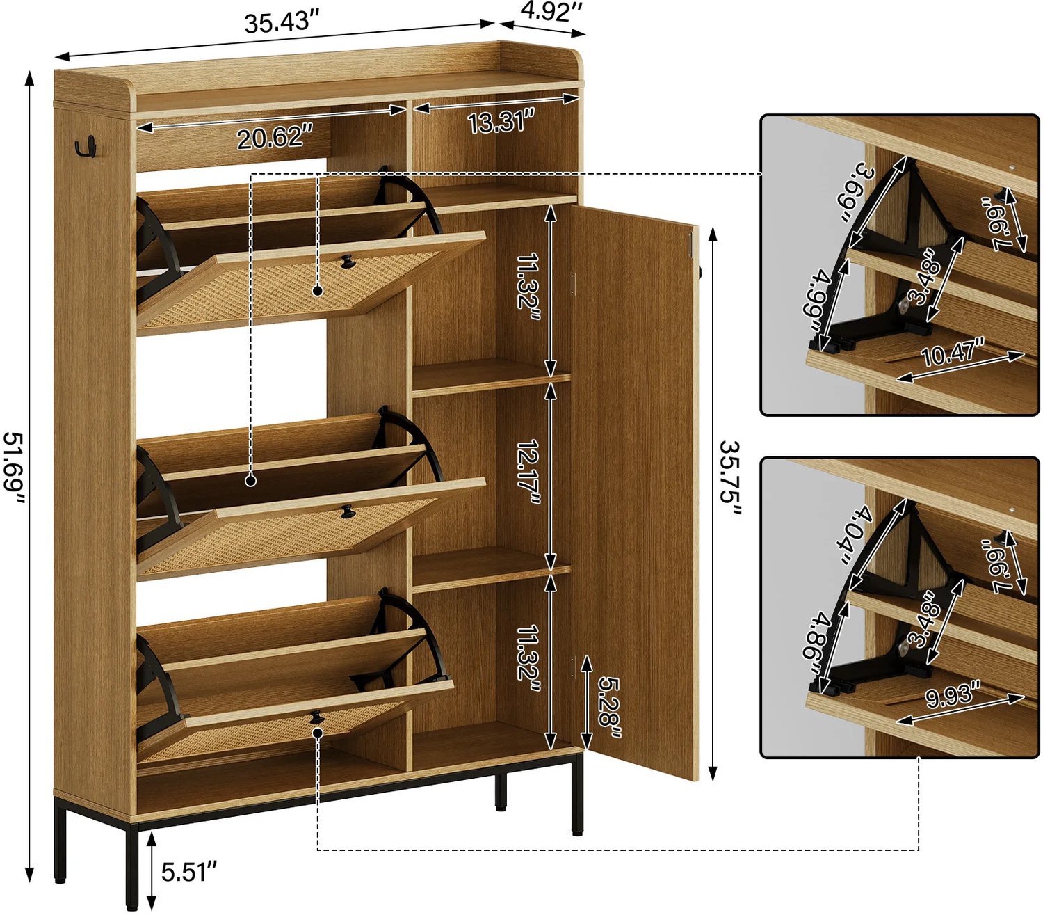 Gudalio Schoenenkast - Kast - Opbergkast - Schoenenorganizer - Kantelbare Kleppen - 32-40 Paar - 131x92,5x12,5 cm - Hout - Rotan