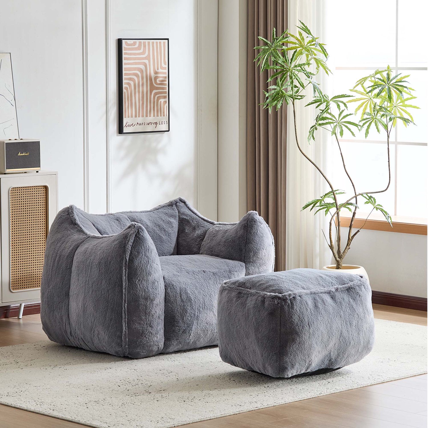 FloraGrace Fauteuil met Hocker - 100,5 x 126 x 75 cm - Zachte Schuimvulling en Ronde Vormen - Voor de Woonkamer - Kunstbont - Grijs