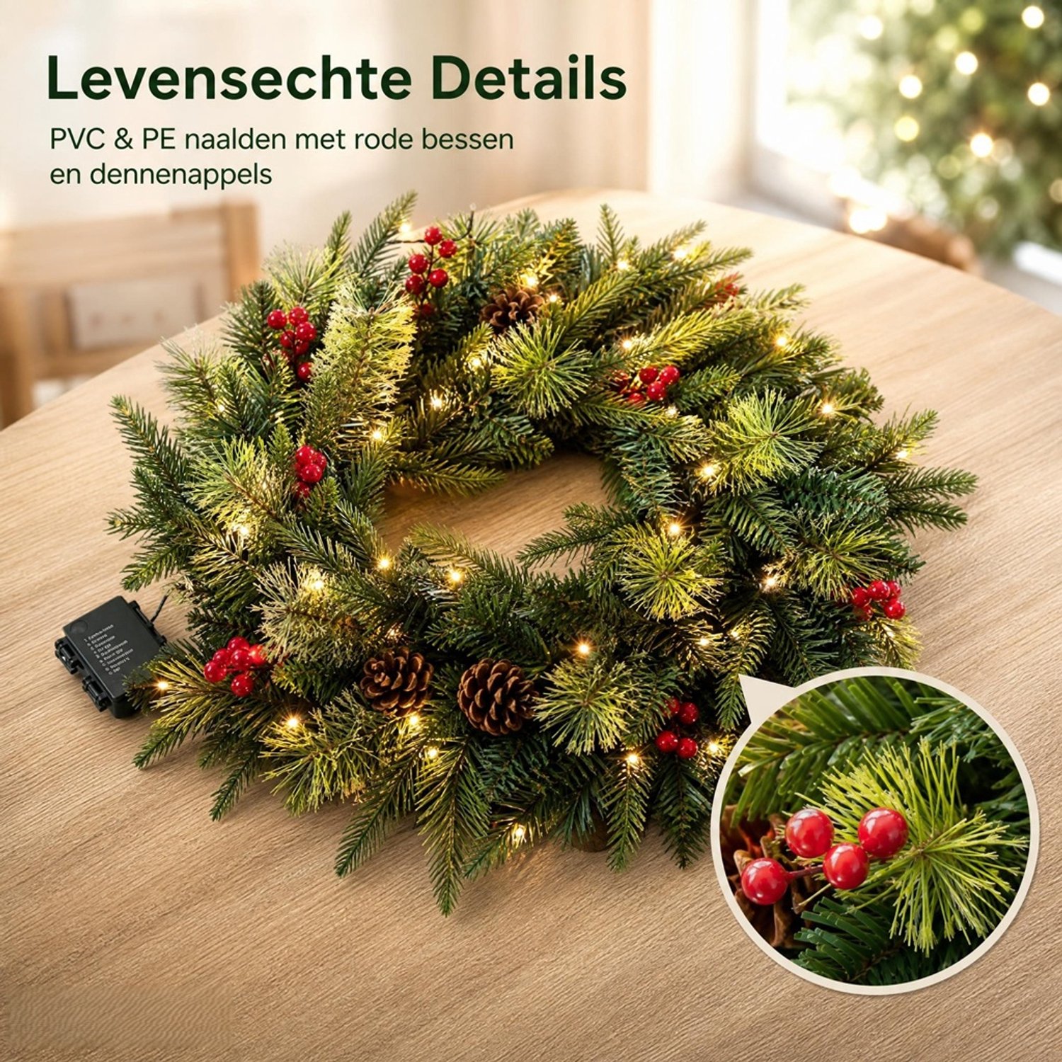 Premium Kerstkrans met Verlichting Ø 40 cm - Luxe Kerstkrans Voordeur met 8 Lichtmodi & timer - Kunst kerstkrans - Kerstdecoratie Deur & Wand – foto 4