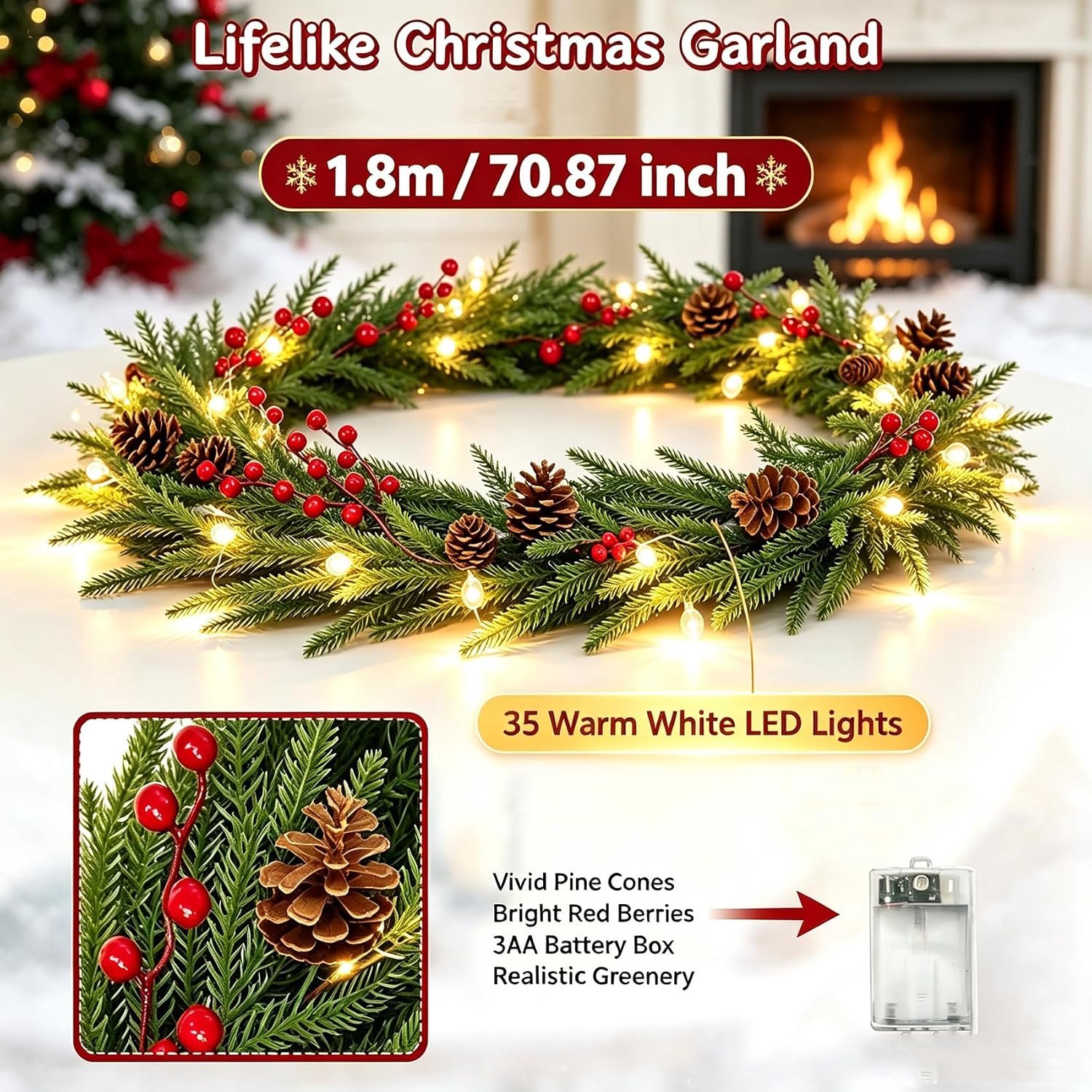 Guirlande Met verlichting - 1.8m - Kunstkerst Guirlande met 35 LED - Kerstguirlande - met rode bessen - Kerstdecoratie - Voor open haard, trap, deur, kerstdecoratie – foto 5