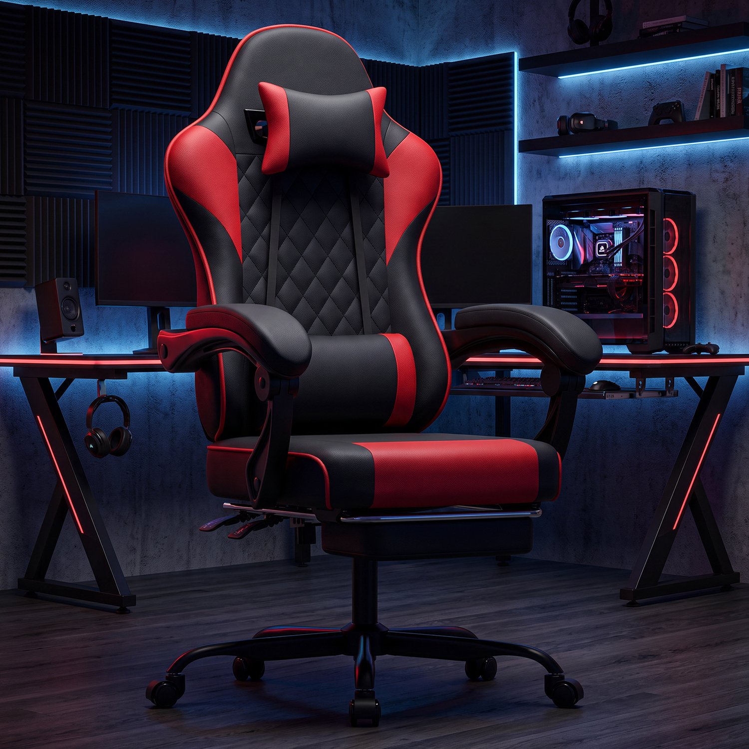 OKWISH Gamingstoel 58,5 x 63 x 120,5 cm - Verstelbare Hoofdsteun en Rugleuning met Voetsteun - Voor Werk en Spel - Kunststof - Zwart en Rood