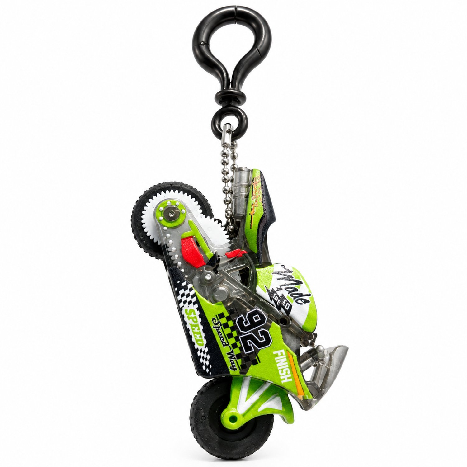 Sleutelhanger groene motor van legering met raceprint, clip en kogelketting, ook als rugzakhanger, afzonderlijk verpakt
