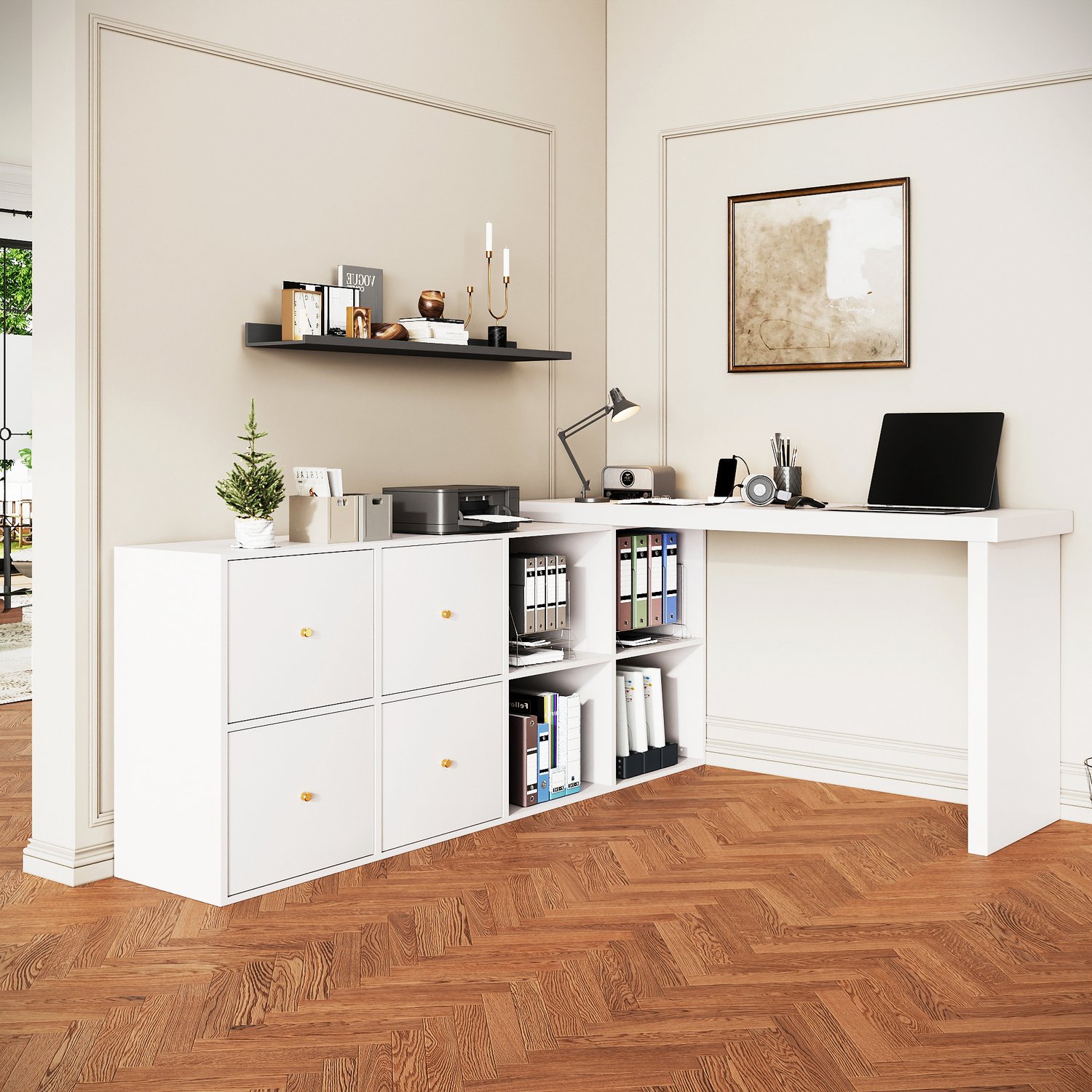 FLIEKS Hoektafel - tafelblad kan 360° draaien - L-vormig of in rechte lijn geplaatst - met 4 vakken - 4 laden - bureau - wit