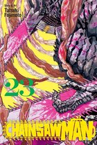 Manga cover van Chainsaw Man deel 23 met een grimmig mechanisch figuur en roze kettingzaag-effecten op een gele achtergrond.