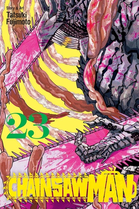 Manga cover van Chainsaw Man deel 23 met een grimmig mechanisch figuur en roze kettingzaag-effecten op een gele achtergrond.