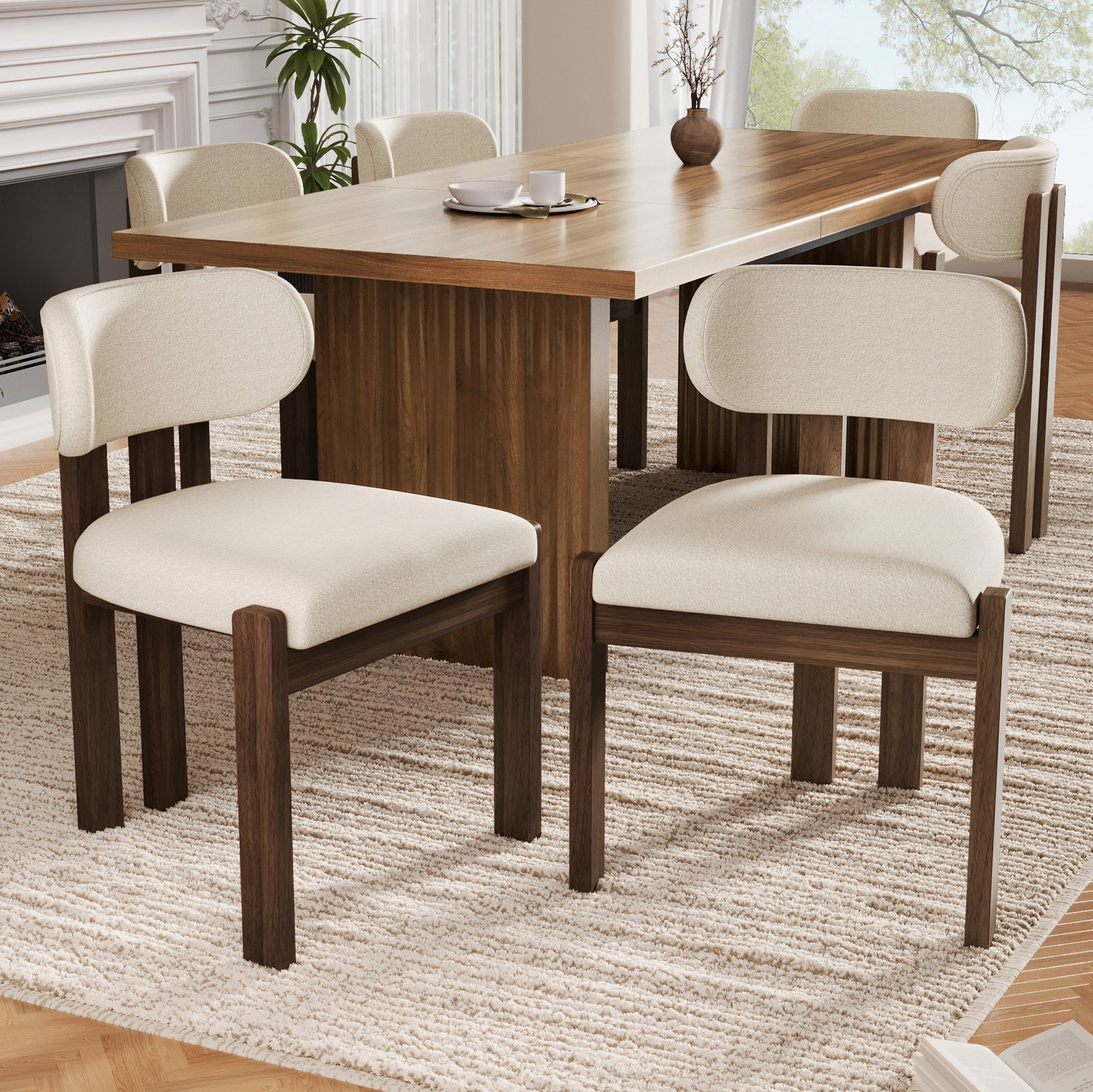 STILVORA Eetkamerstoelen 54 x 54 x 79 cm - Set van 4 met Zachte Bouclé Bekleding - Voor Eetkamer en Woonkamer - Hout - Walnootkleur Walnootkleurig frame met beige bekleding