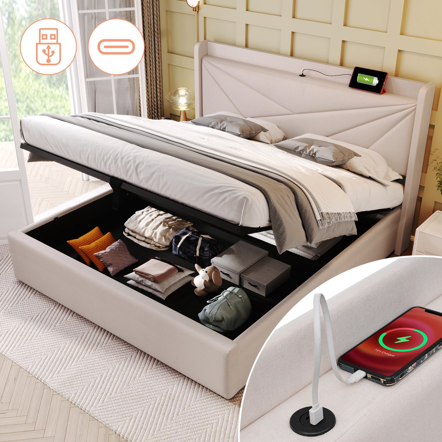 Vovtenza Gestoffeerd tweepersoonsbed met opbergruimte - bedbox met USB Type-C oplaadfunctie - hoofdbord - opbergbedden - bedframe van linnen - kinderbed 160x200 met lattenbodem (zonder matras) Beige