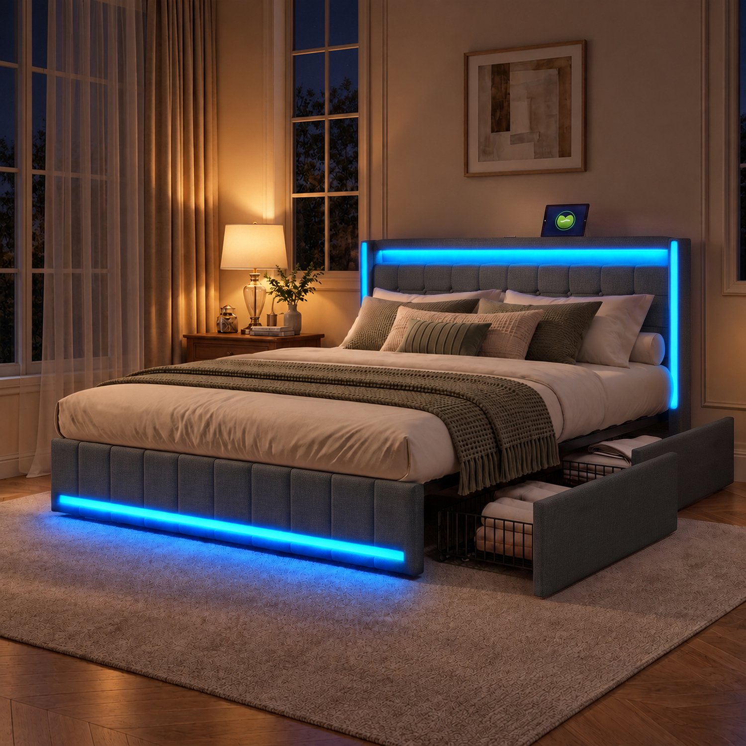 MEXUS Gestoffeerd Bed 160x200 cm met LED & USB/Type-C,Opbergbed,Tweepersoonsbed met Lattenbodem,gestoffeerd bedframe,Jongerenbed,Linnen,Grijs,Zonder Matras