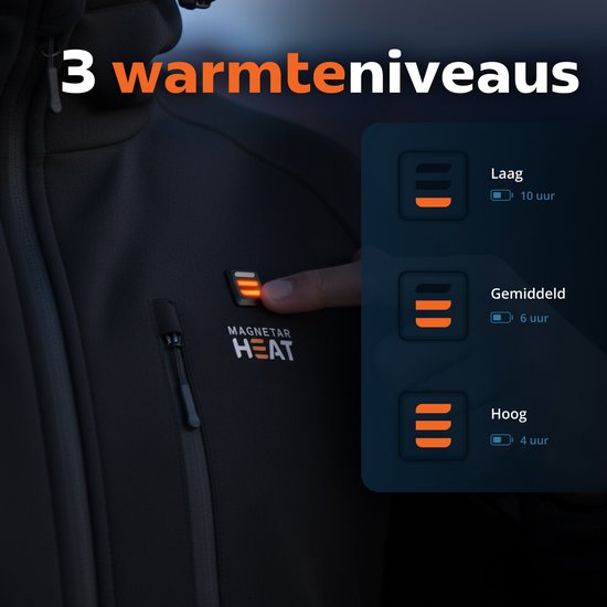 Vinger drukt op de warmte-indicator van de jas om de 3 warmteniveaus (Laag, Gemiddeld, Hoog) te selecteren, met bijbehorende batterijduur.