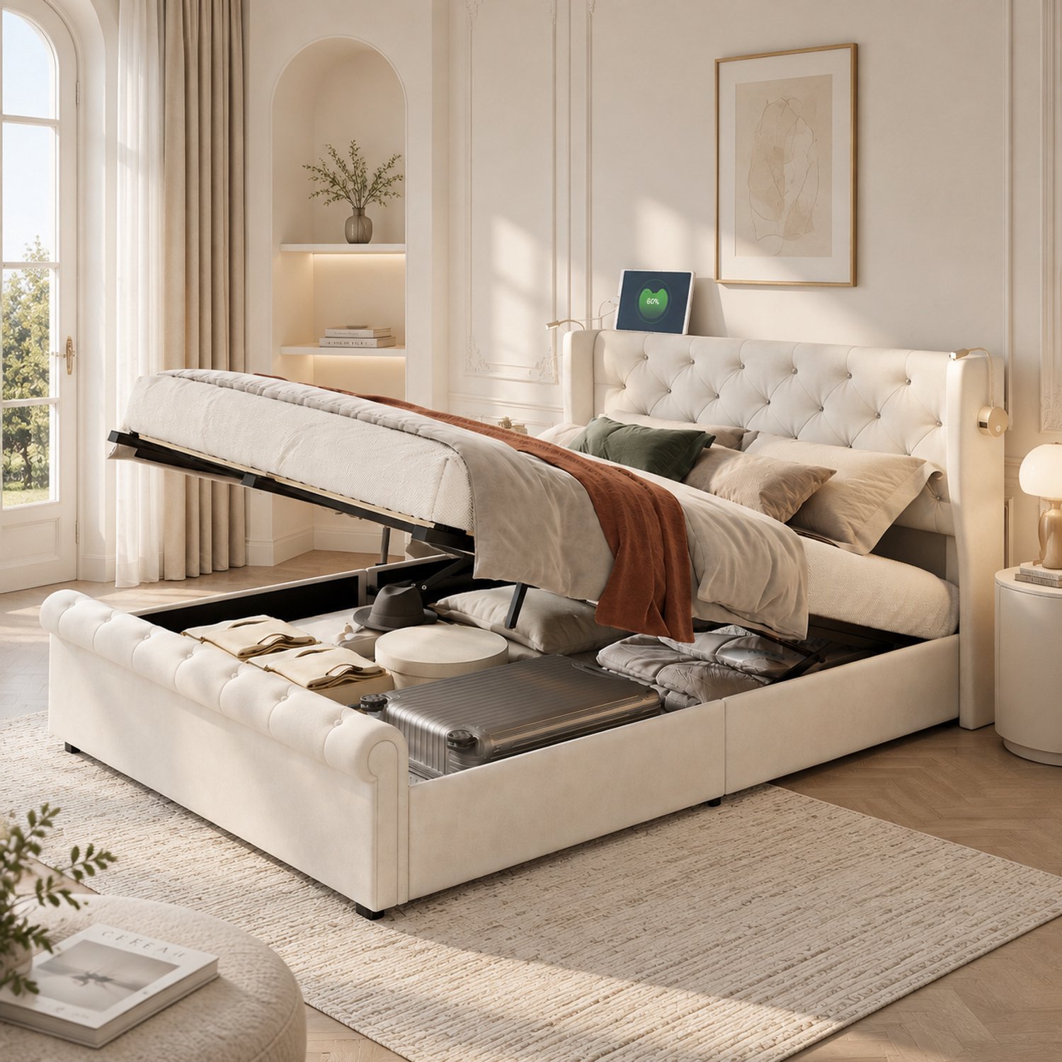 Yelenaro Gestoffeerd Bed 140x190 cm, Tweepersoonsbed met Hydraulische Opbergruimte, Opbergbed met 2 Bedlampjes, Bedframe met Lattenbodem, Fluweel, Beige