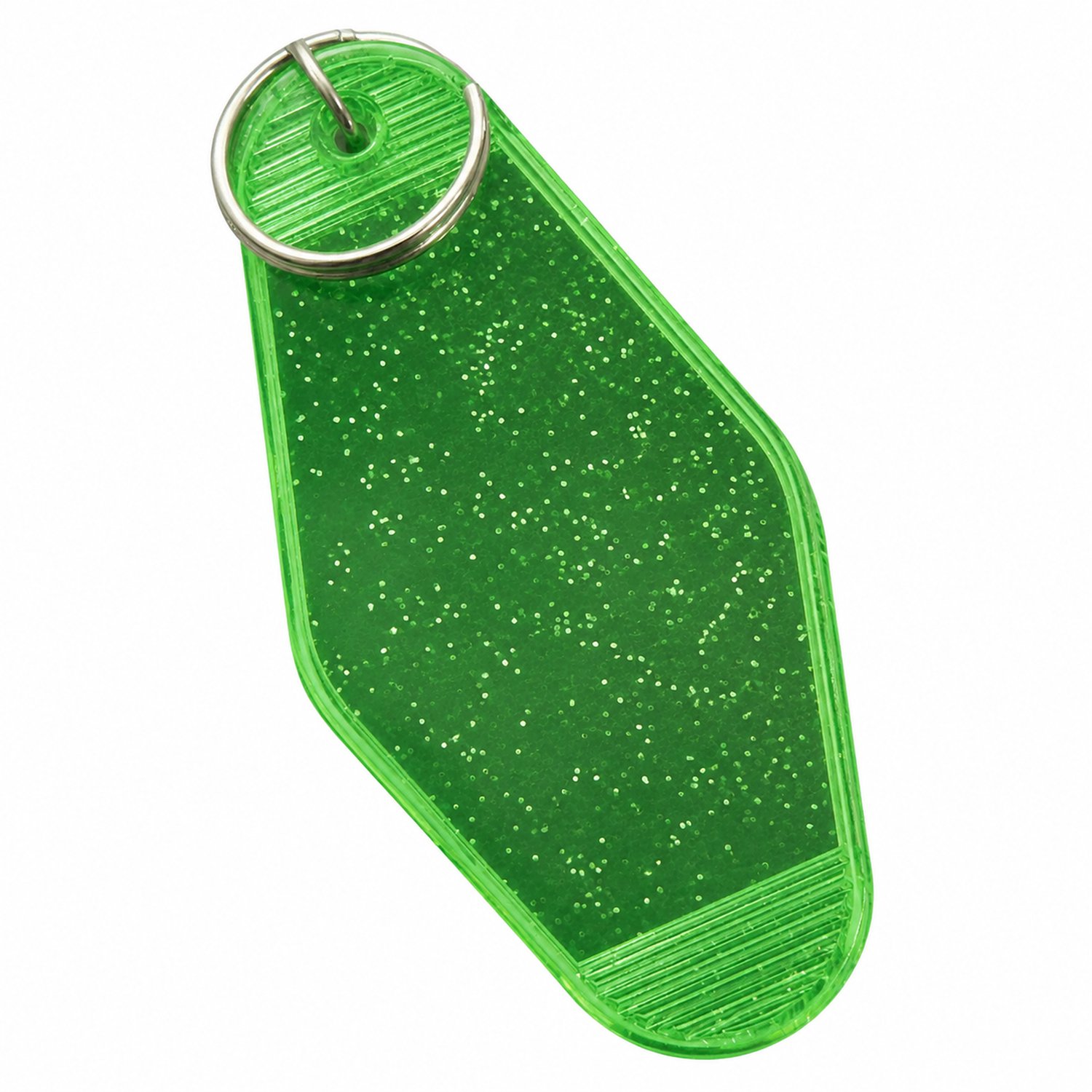 Sleutelhanger van kunststof, halftransparant groen met glitter, retro ruitvormig hotelsleutellabel met sleutelring