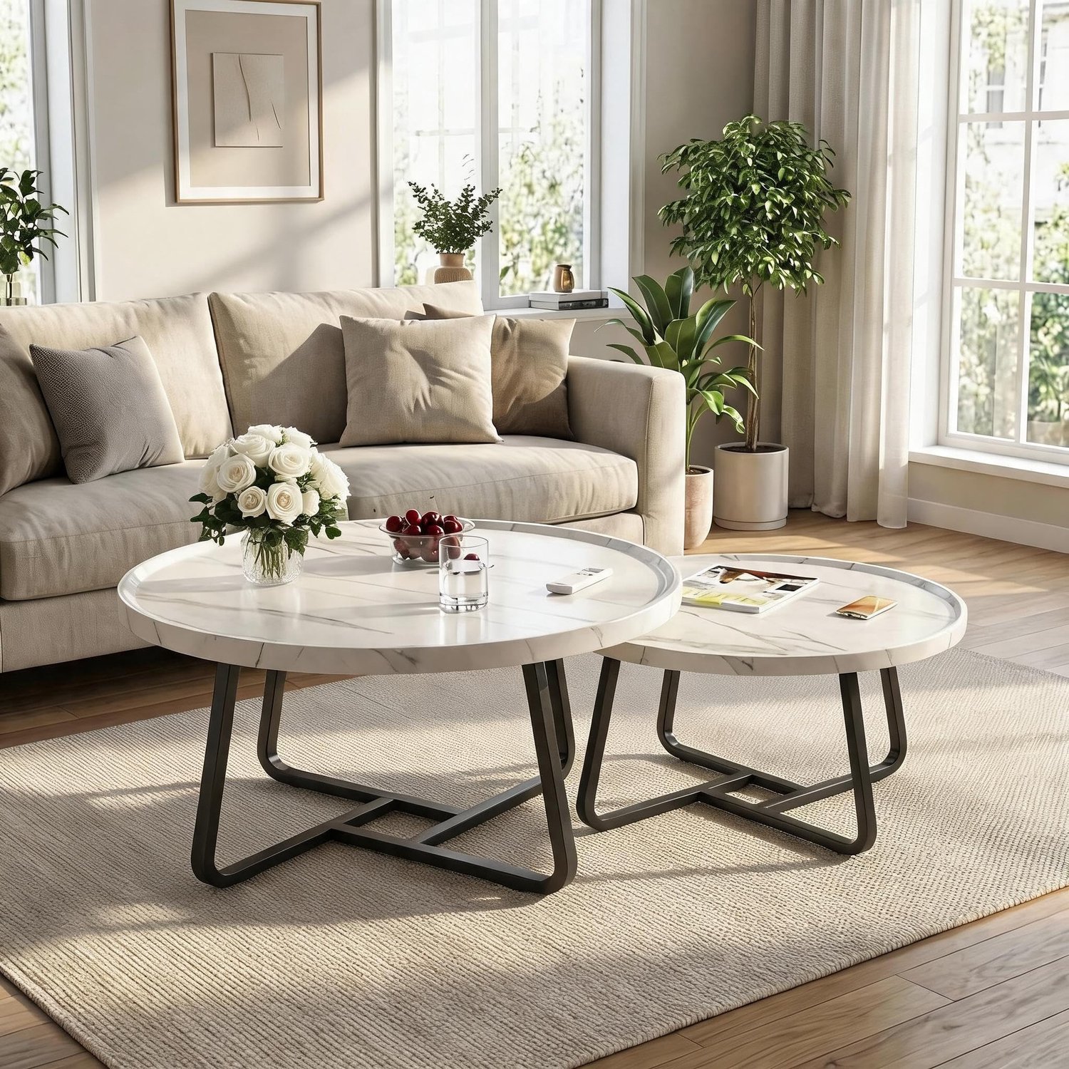 Danky Salontafel Set van 2 - Ronde Nestbare Bijzettafels Ø 80 & 60 cm - Met Handige Opstaande Rand - Zwart Metalen Frame Wit