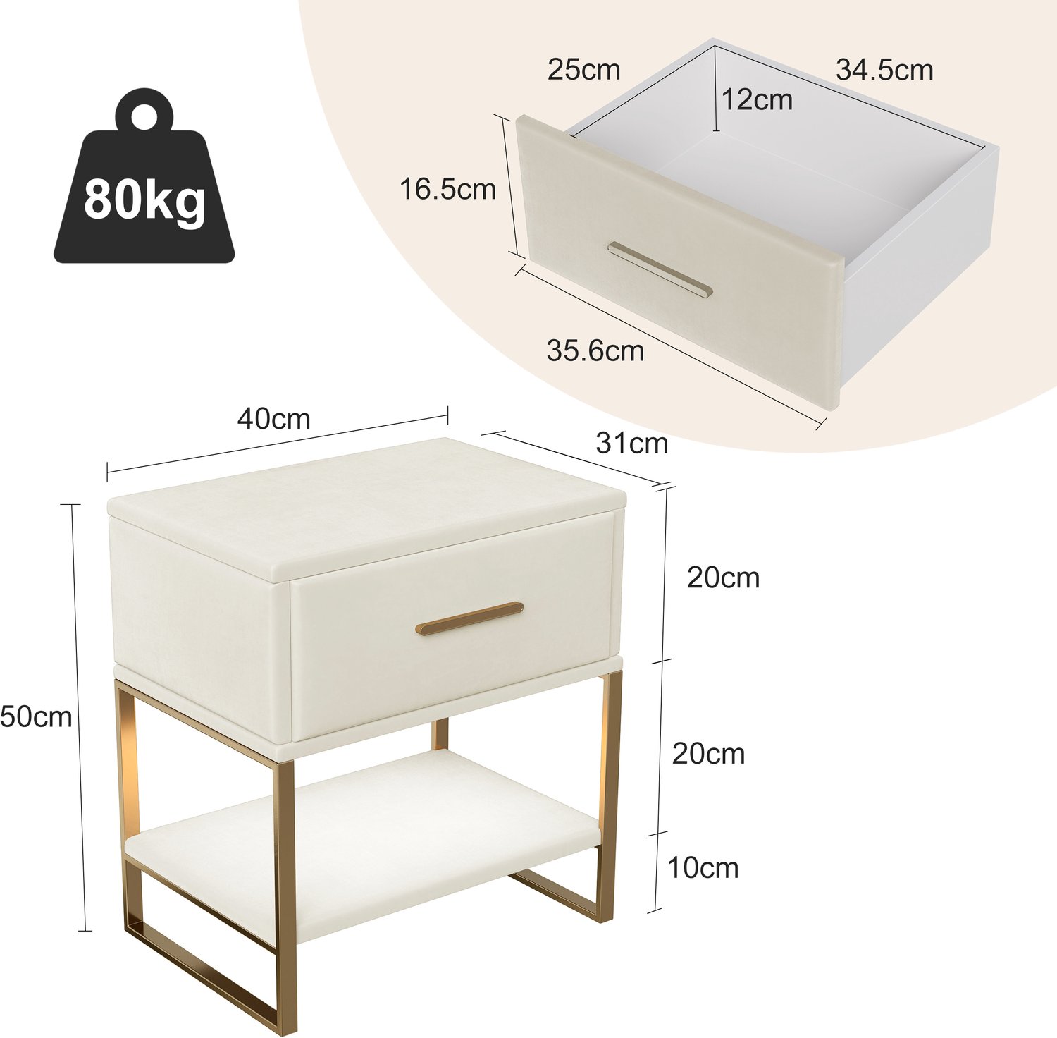ROSAHQNDA Nachtkastjes set van 2 - 1 lade en open plank - Gestoffeerde ladekast / nachtkastjes modern voor in de slaapkamer - Fluwelen stof - Beige - 40 x 31 x 50 cm
