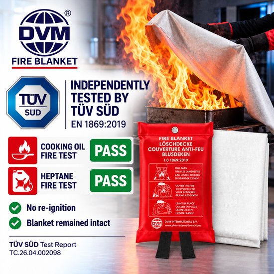 DVM blusdeken in rode hoes met gebruiksaanwijzing en TUV SUD certificering, toont een brandend fornuis.