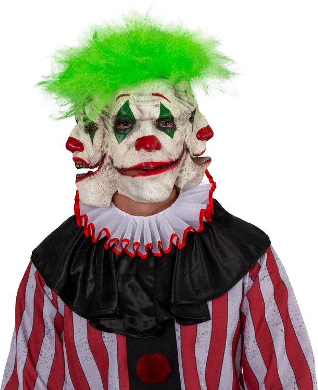 Eng Clown Masker met Groen Haar – Meerkoppig Horror Masker – Halloween & Carnaval