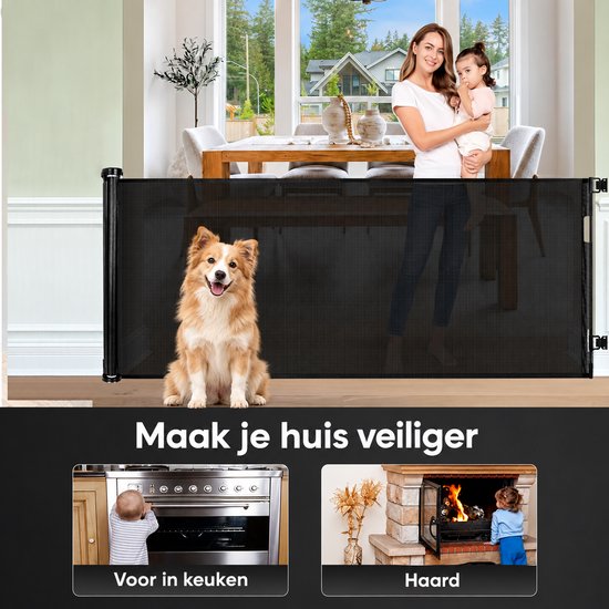 Zwart veiligheidshekje met tekst 'Maak je huis veiliger', inclusief afbeeldingen van een kind bij een fornuis en haard.