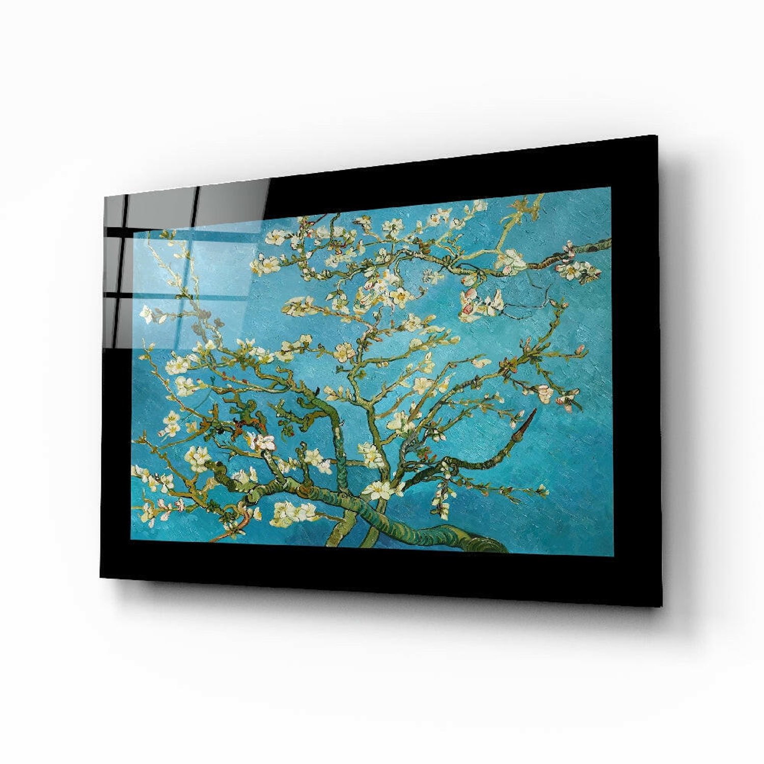 Glasschilderij – Turquoise Amandelbloemen – Karaktervolle Glasdecoratie
