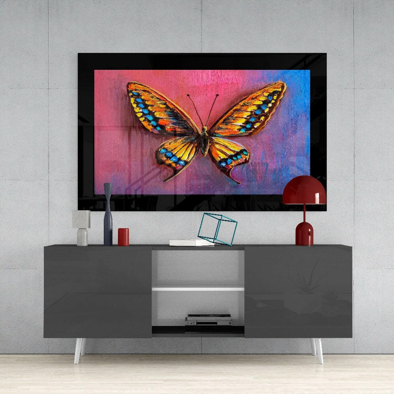 Glasschilderij – Paarse en Blauwe Vlinder – Artistieke Wanddecoratie