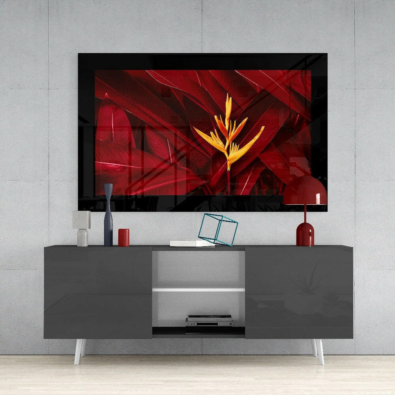 Glasschilderij – Gele Heliconia met Karmozijnrode Bladeren – Sfeervolle Wandkunst