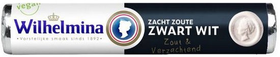 Rol Wilhelmina Zwart Wit met wit en donkerblauwe verpakking, voorzien van koninklijk logo en vegan label.