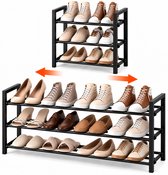 BOTC Schoenenrek - Uitschuifbaar 43-77 cm - 3 Niveaus - Ruimtebesparend Schoenenrek voor Hal & Kledingkast - Verstelbaar - Metaal - Zwart