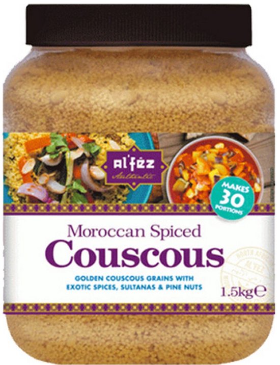 Grote pot Al'Fez Marokkaanse gekruide couscous met kruiden, rozijnen en pijnboompitten, 1,5 kg, goed voor 30 porties.