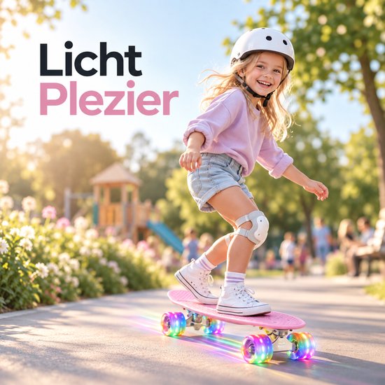 Lachend meisje in helm en kniebeschermers op een roze skateboard met lichtgevende LED-wielen in een park.