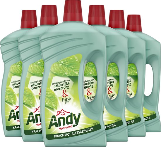 Zes flessen Andy allesreiniger van 1 liter met rode dop, voorzien van een groen bladlabel met dauwdruppels.