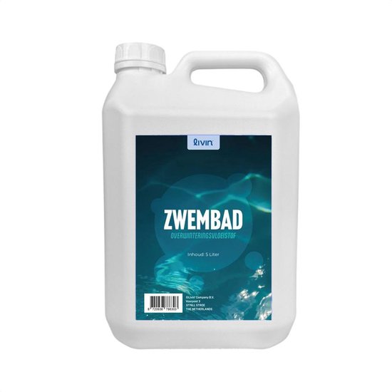Jerrycan van 5 liter Livin' overwinteringsvloeistof met etiket met blauw wateroppervlak en witte tekst.
