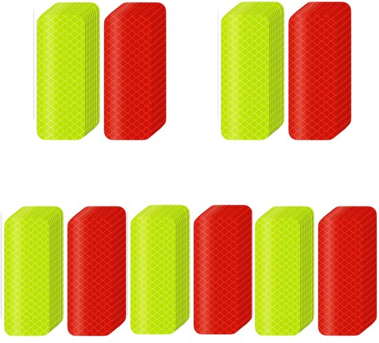 Rode en limegroene reflecterende rechthoekige stickers met ruitpatroon.